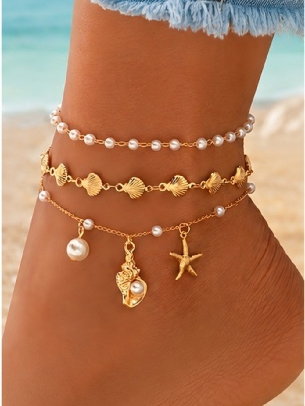 3-Piece Gold Tone Pearl Shell & Starfish Layered Anklet Set